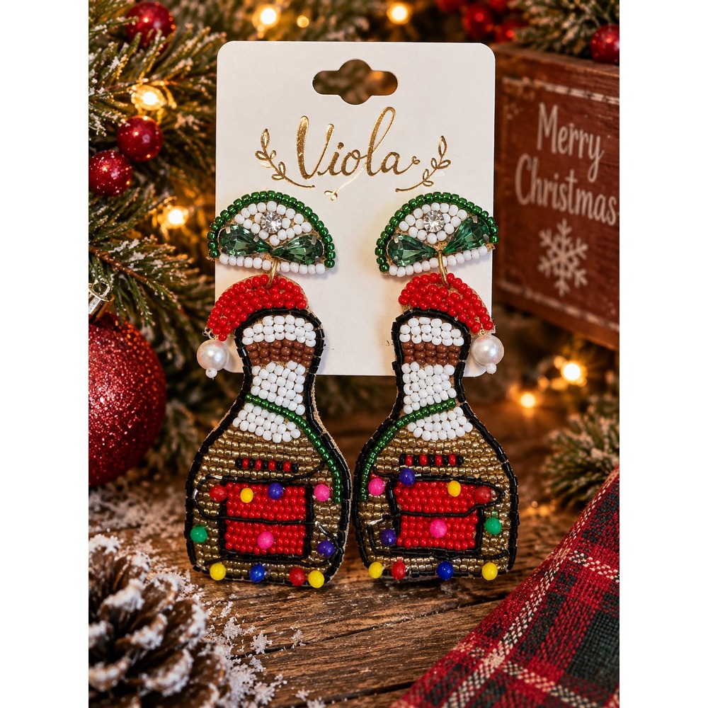 Christmas Tequila Bottle Seed Bead Earrings Santa Holiday Party Statement